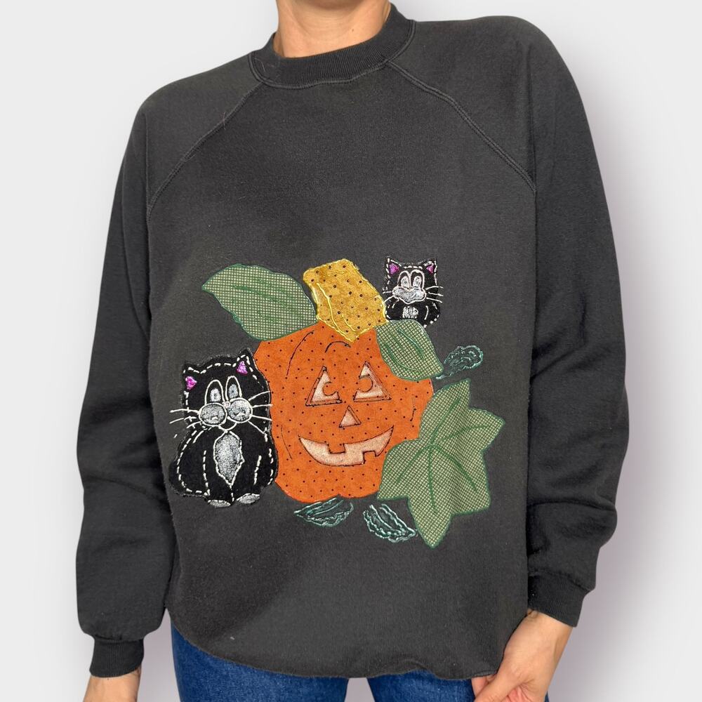 90s Hanes Her Way‎ Pumpkin Cat Sweatshirt